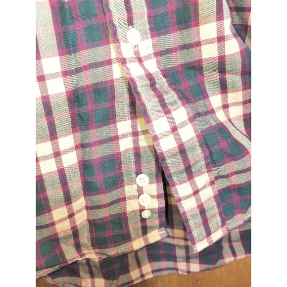 Sears Roebuck Co Mens Sz L Button Up Front Plaid Shirt Tan Green Burgundy Stripe - Picture 3 of 7